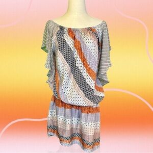Gypsy 05 Gray & Orange Multi Bandana Print Striped Boho Silk Mini Dress Size M